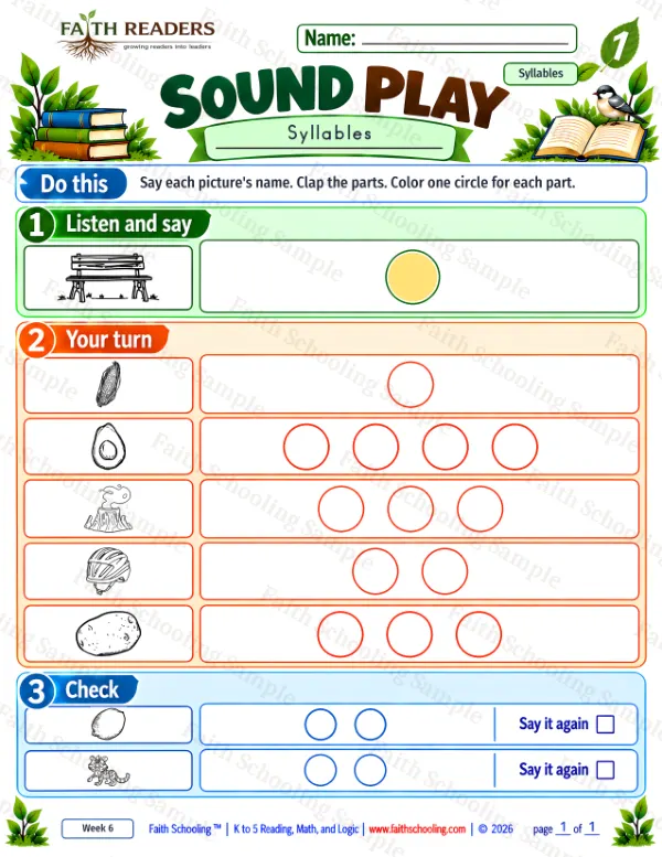 1st Grade phonics worksheet — Syllables. Sound Play 2: avocado, bench, corn and helmet