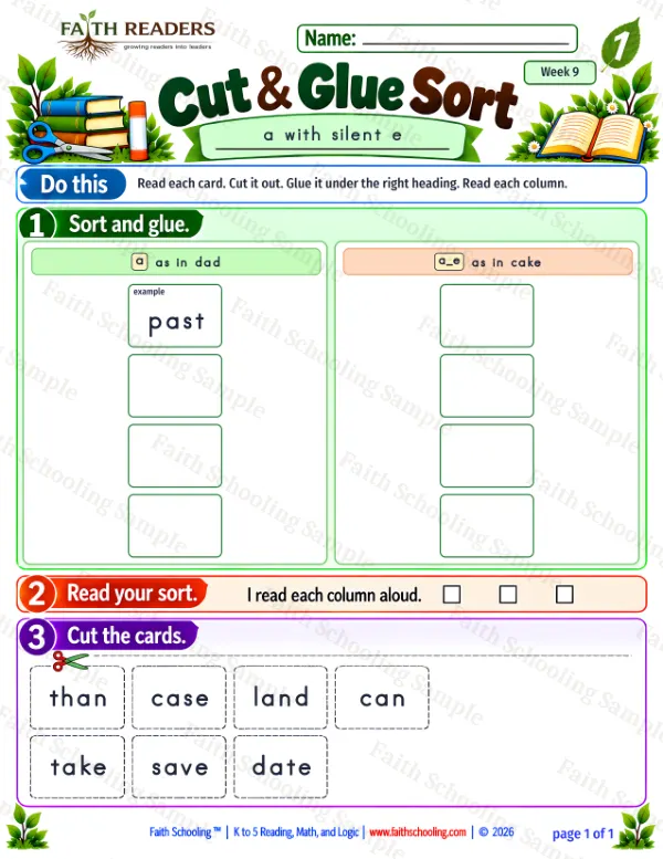 1st Grade phonics worksheet — Magic E. Cut And Glue Sort 3: a and a_e
