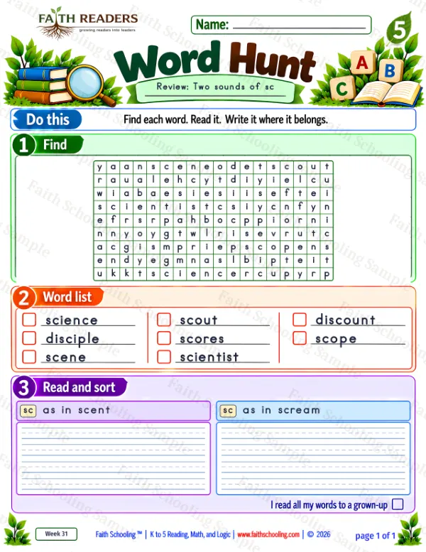5th Grade phonics worksheet — Word Hunt 2: Silent C in SC — The S Takes Over