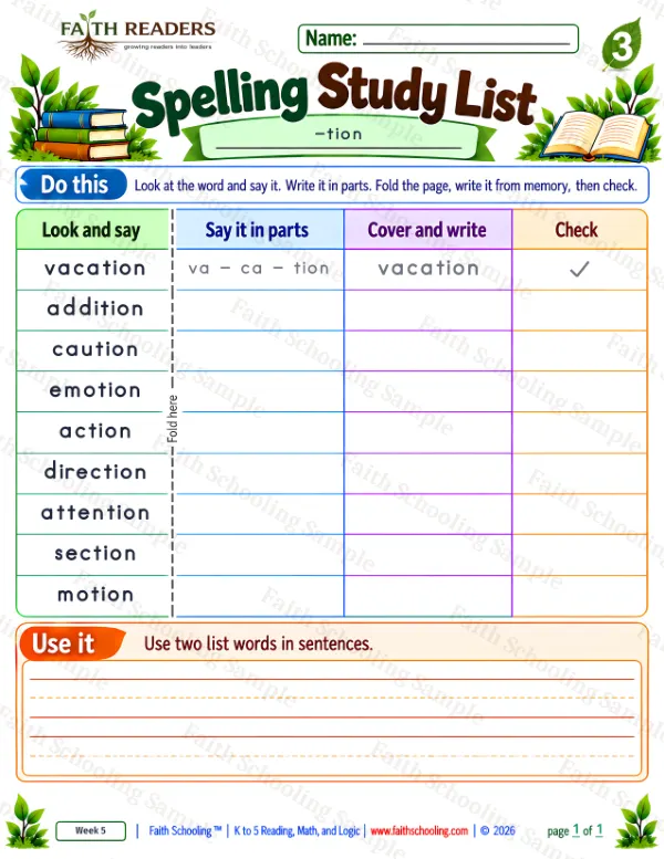 3rd Grade phonics worksheet — Spelling Study List 7: vacation, addition, caution and emotion