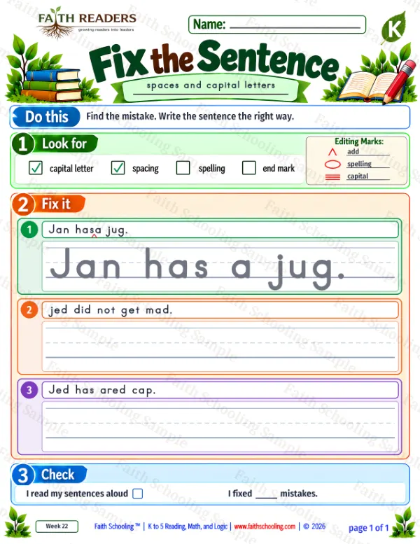 Kindergarten grammar & writing worksheet — Edit and Repair. Fix The Sentence 5: space and capital letters