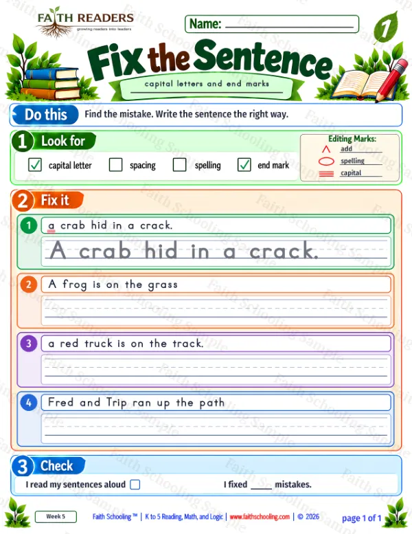 1st Grade grammar & writing worksheet — Capitalization and Punctuation. Fix The Sentence 5: capital letters and end marks