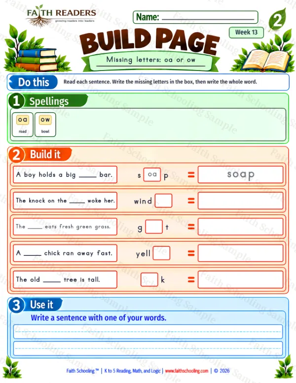 2nd Grade phonics worksheet — Vowel Teams & Diphthongs. Build 1: oa or ow