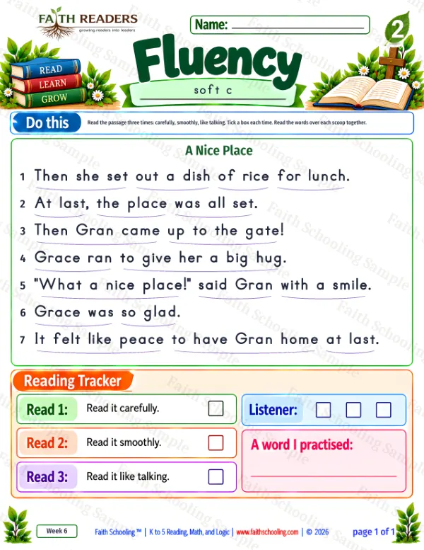 2nd Grade phonics worksheet — Soft C. Fluency 2: Then she set out a dish of rice for lunch.