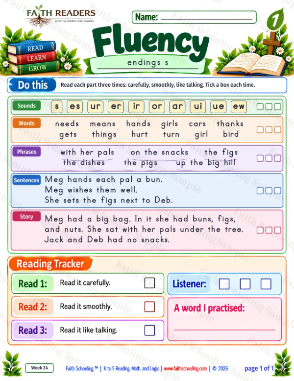 1st Grade phonics worksheet — Word Endings s, es, ed, ing, er, est. Fluency 1: needs, means, hands and girls