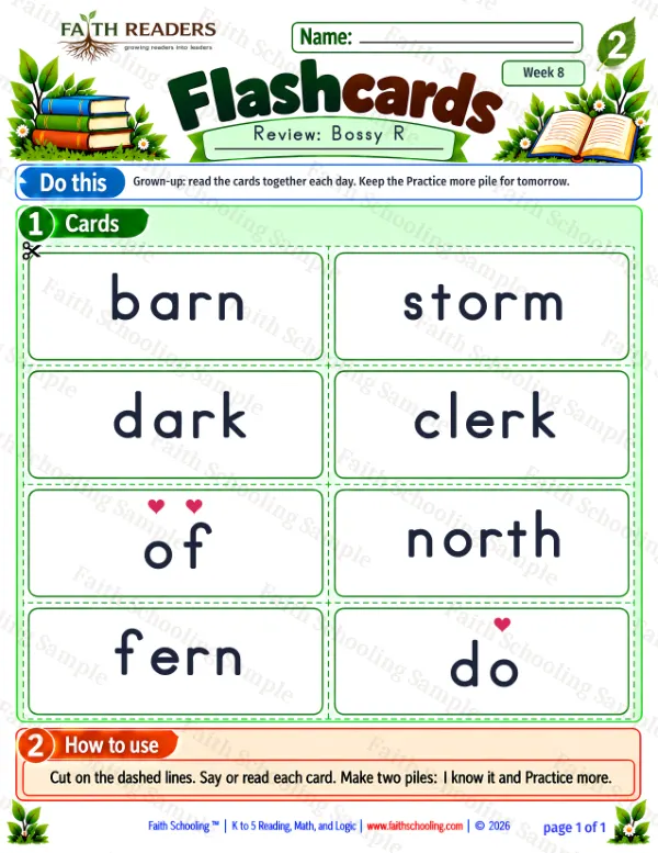 2nd Grade phonics worksheet — Flashcards 2: Bossy R