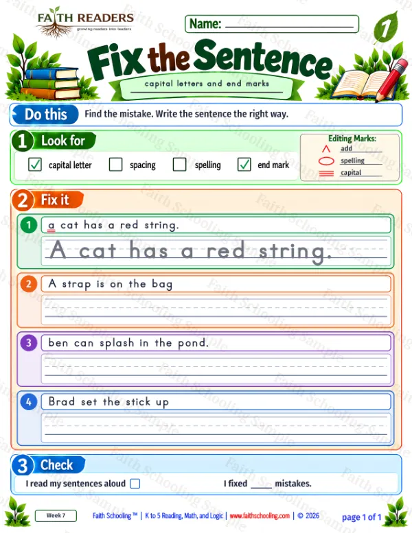 1st Grade grammar & writing worksheet — Capitalization and Punctuation. Fix The Sentence 7: capital letters and end marks