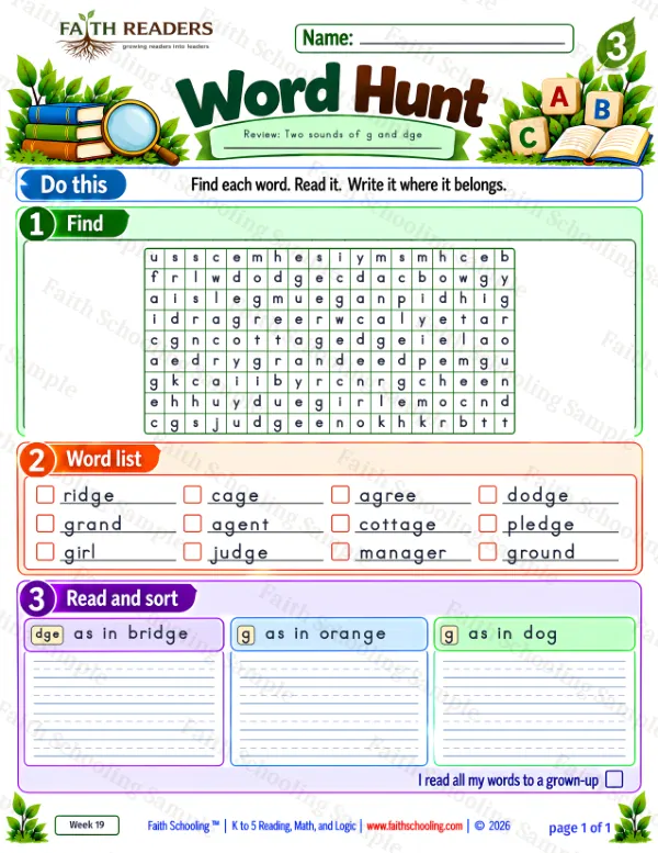 3rd Grade phonics worksheet — Word Hunt 3: The -dge Ending