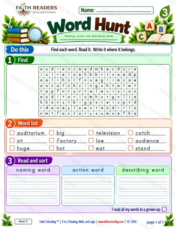 3rd Grade grammar & writing worksheet — Parts of Speech. Word Hunt 2: Noun, Verb and Adjective (auditorium, big, television)
