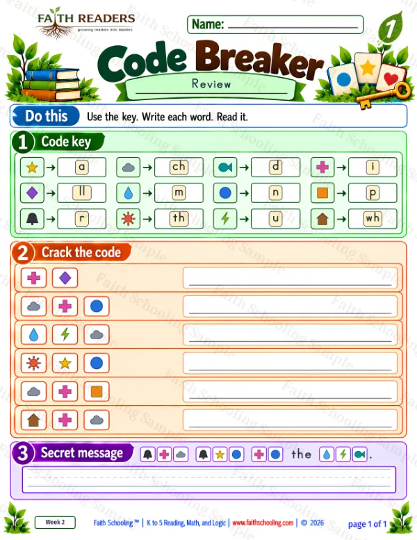 1st Grade phonics worksheet — Two Letters, One Sound. Code Breaker 2: ill, chin, much and than