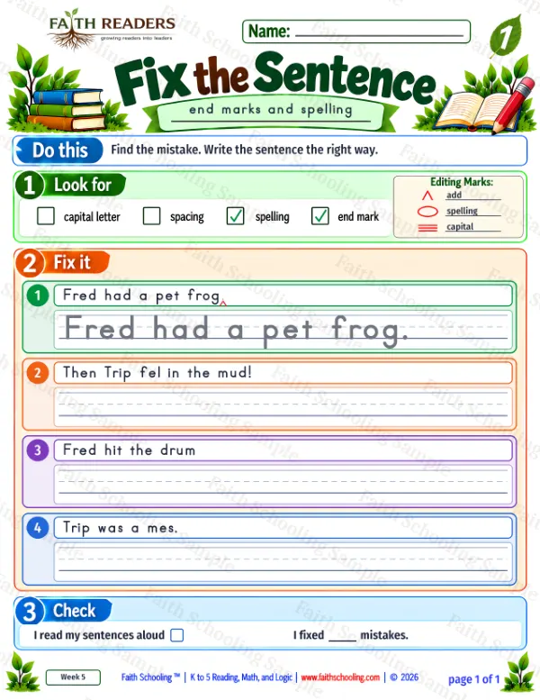 1st Grade grammar & writing worksheet — Edit and Repair. Fix The Sentence 6: end marks and spelling