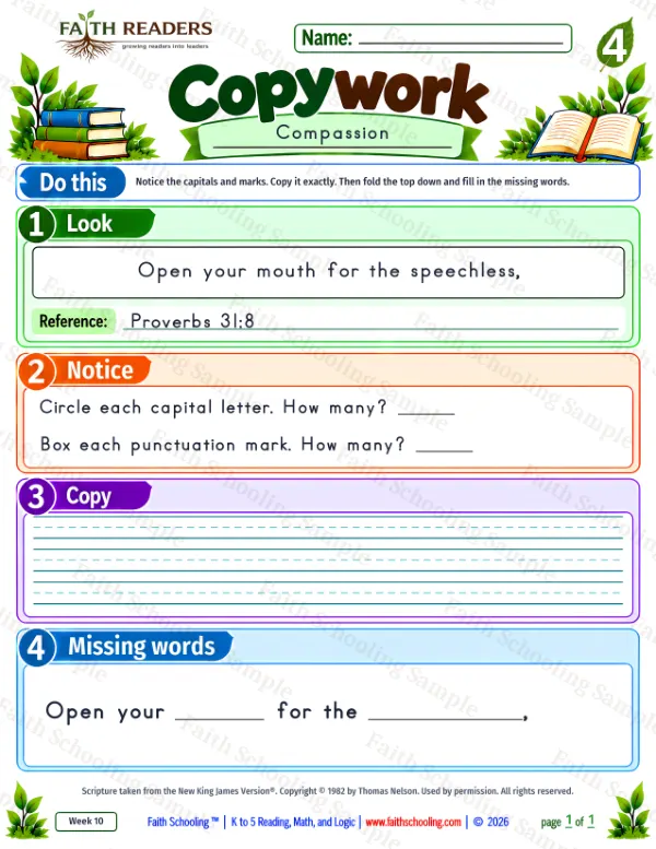 4th Grade grammar & writing worksheet — Copywork 9: Proverbs 31:8 (Compassion)