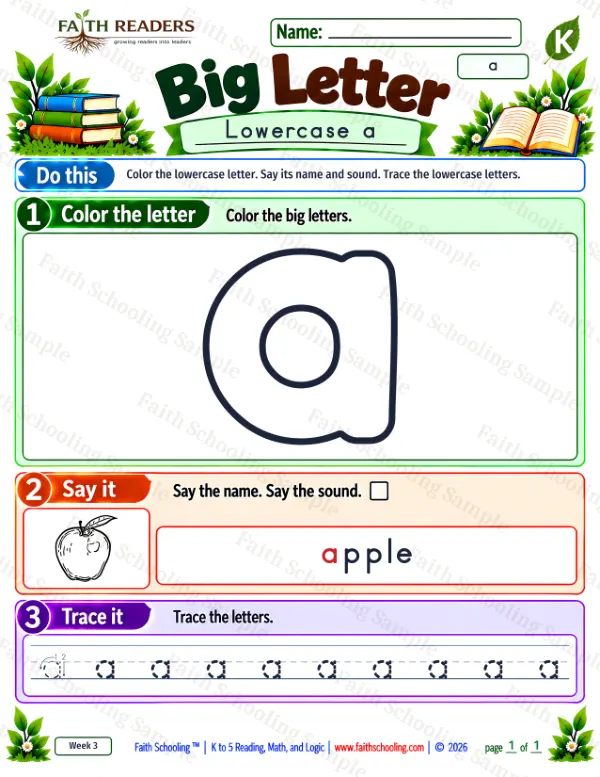 Kindergarten phonics worksheet — Lowercase Letters. Big Letter 2: the letter a (apple)