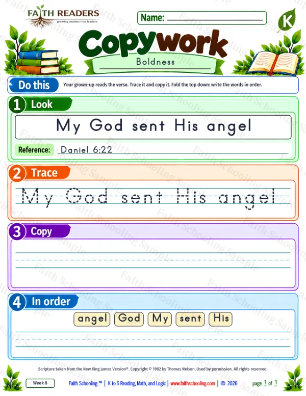 Kindergarten grammar & writing worksheet — Copywork 7: Daniel 6:22 (Boldness)