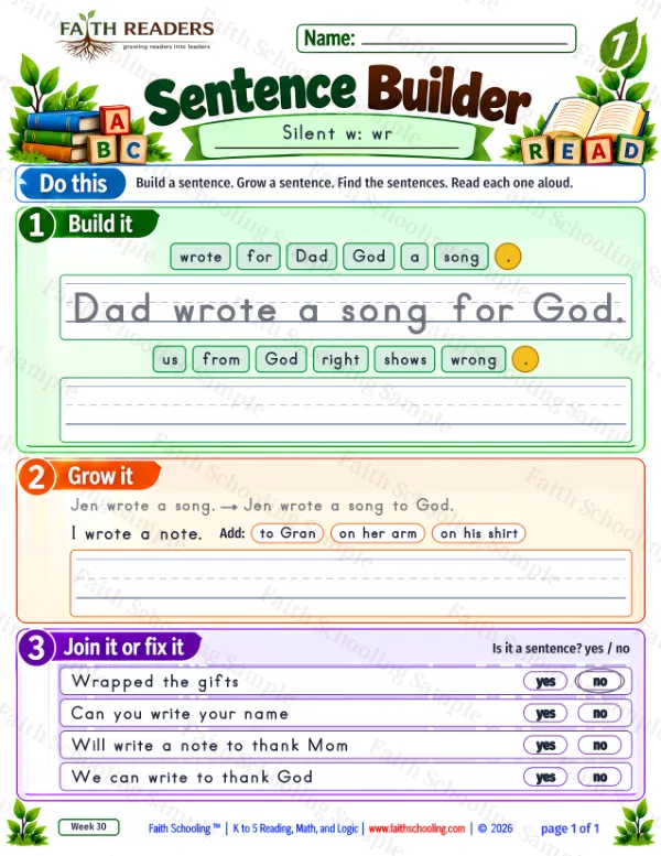 1st Grade phonics worksheet — Silent Letters: wr. Sentence Builder 1: Dad wrote a song for God.