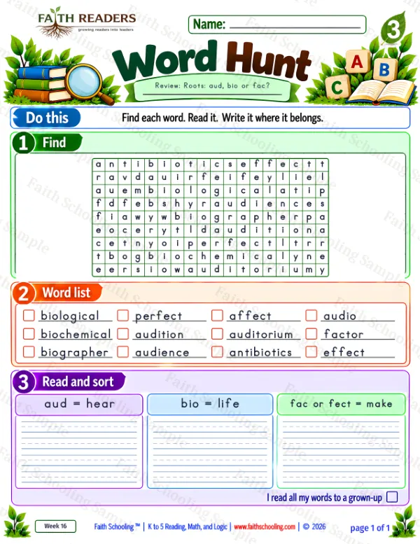 3rd Grade vocabulary & word study worksheet — Word Roots: aud = hear. Word Hunt 2: aud, bio and fac