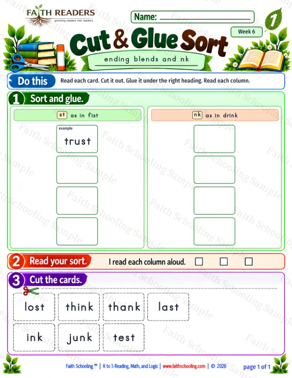 1st Grade phonics worksheet — Blends & Digraphs. Cut And Glue Sort 2: st and nk