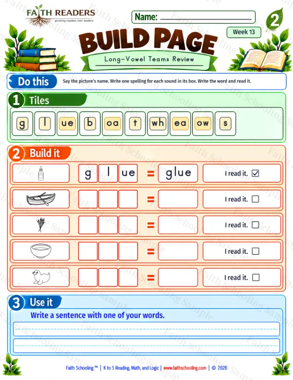2nd Grade phonics worksheet — Word Building & Unscramble. Build 8: glue, boat, wheat and bowl