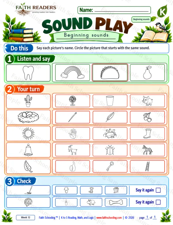 Kindergarten phonics worksheet — Beginning, Middle, and Ending Sounds. Sound Play 3: bell, bone, boot and bug