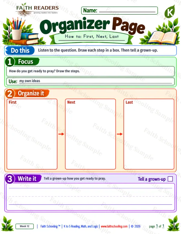 Kindergarten grammar & writing worksheet — Explanatory Writing. Organizer Page 3: How do you get ready to pray? Draw the steps.