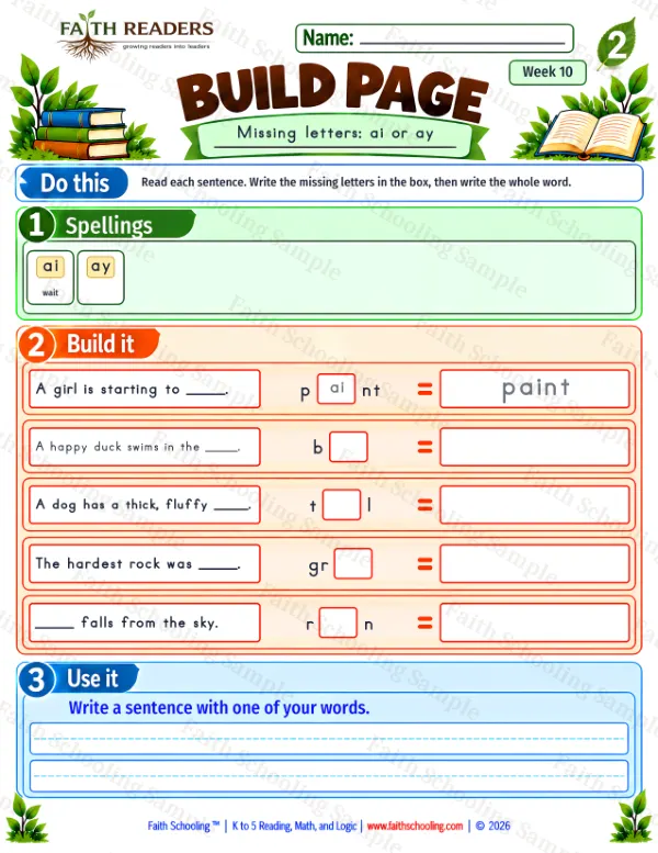 2nd Grade phonics worksheet — Vowel Sounds. Build 3: ai or ay