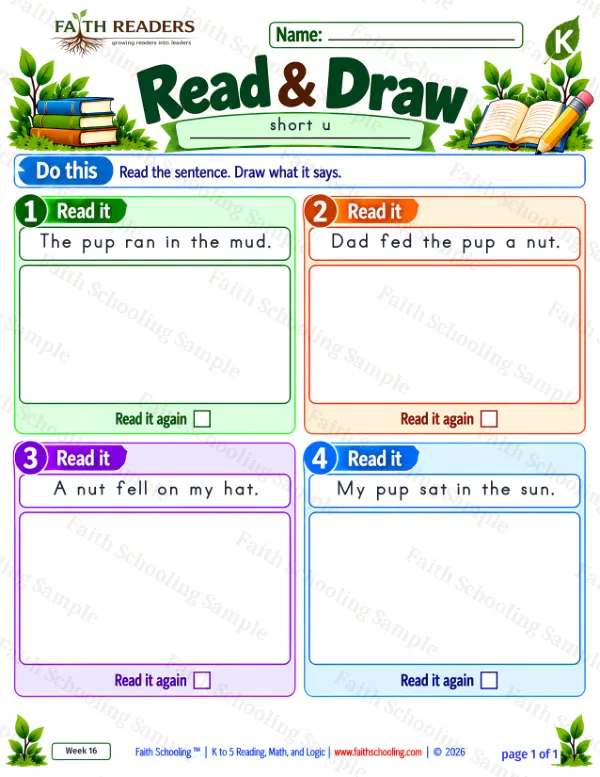 Kindergarten phonics worksheet — Short U. Read And Draw 1: mud, nut, pup and sun