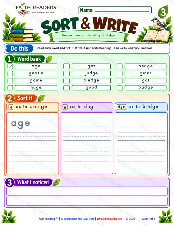 3rd Grade phonics worksheet — Sort And Write 1: The Soft G (free printable)