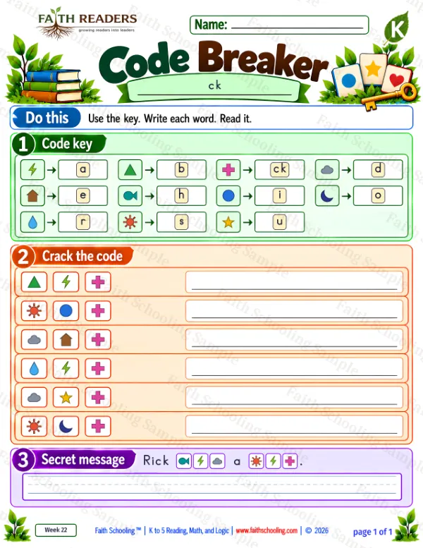 Kindergarten phonics worksheet — Word Games & Puzzles. Code Breaker 3: back, sick, deck and rack