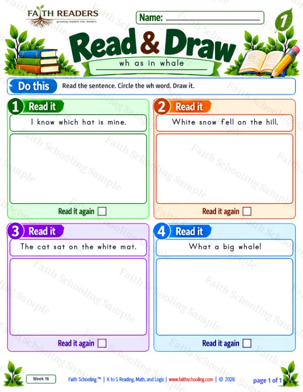 1st Grade phonics worksheet — The WH Sound. Read And Draw 4: I know which hat is mine.