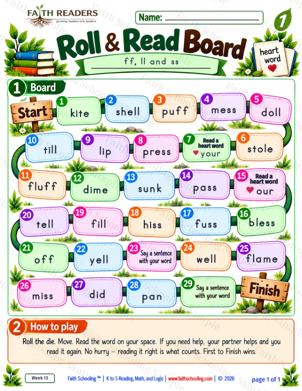 1st Grade phonics worksheet — Double Letters. Roll And Read 2: well, mess, fluff and fuss