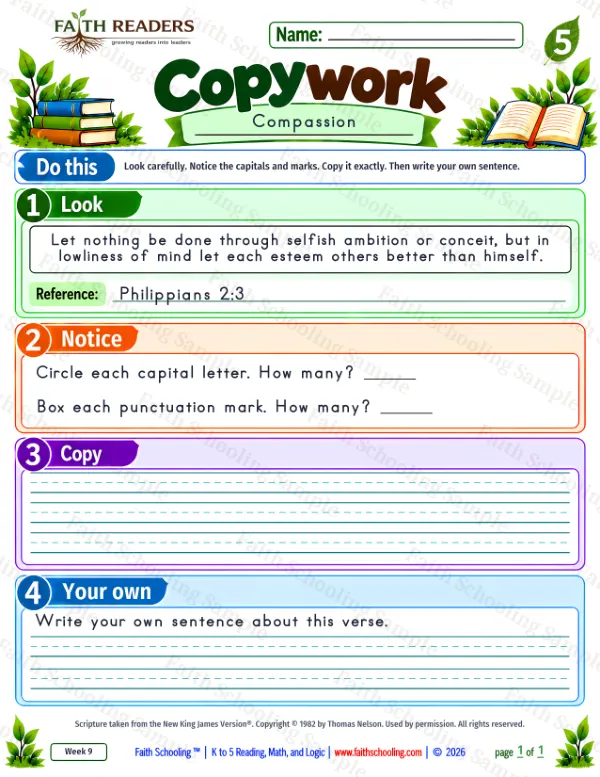 5th Grade grammar & writing worksheet — Copywork 8: Philippians 2:3 (Compassion)