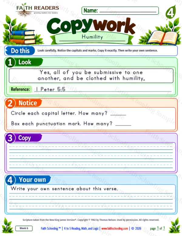 4th Grade grammar & writing worksheet — Copywork 5: 1 Peter 5:5 (Humility)