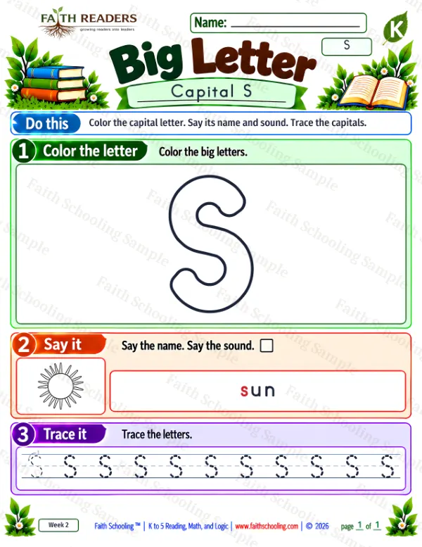 Kindergarten phonics worksheet — Uppercase Letters. Big Letter 1: the letter s (sun) (free printable)