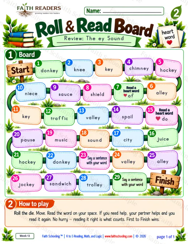 2nd Grade phonics worksheet — Roll And Read 1: The ey Sound
