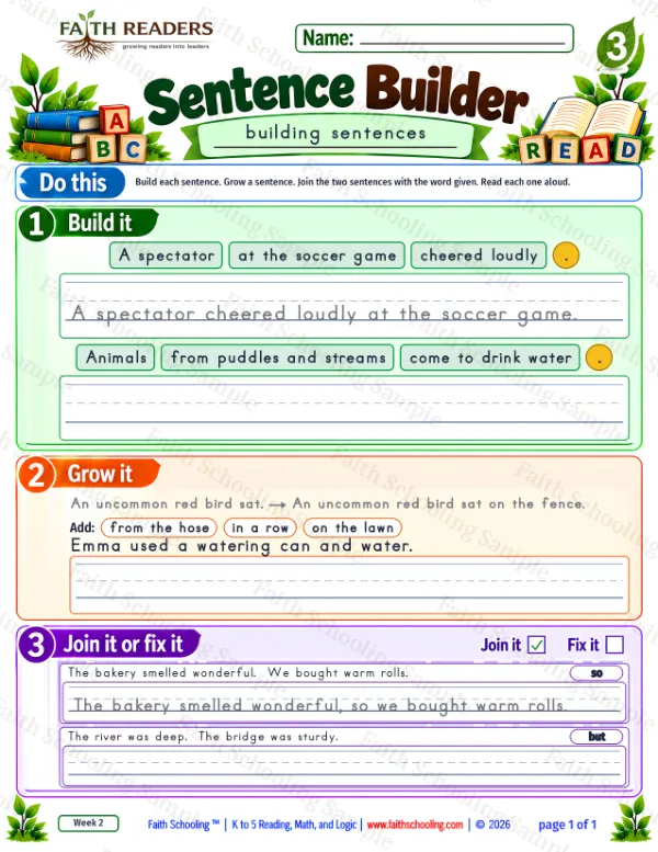 3rd Grade grammar & writing worksheet — Sentence Building. Sentence Builder 6: A spectator cheered loudly at the soccer game.