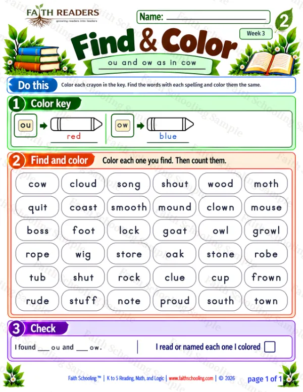 2nd Grade phonics worksheet — Sliding Vowels. Find And Color 1: ou, ow-diph
