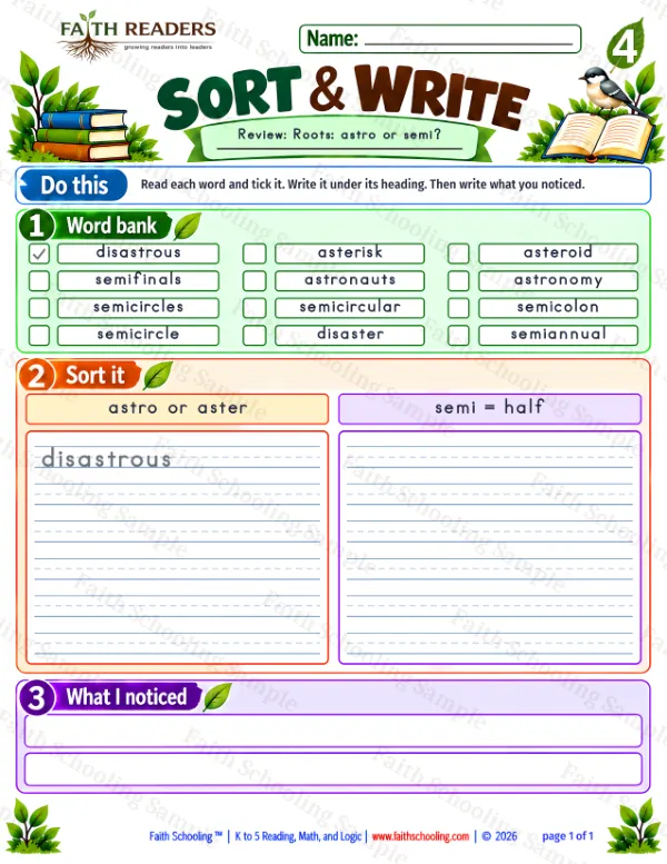 4th Grade vocabulary & word study worksheet — Greek Root: astro, aster = star. Sort And Write 4: astro or aster