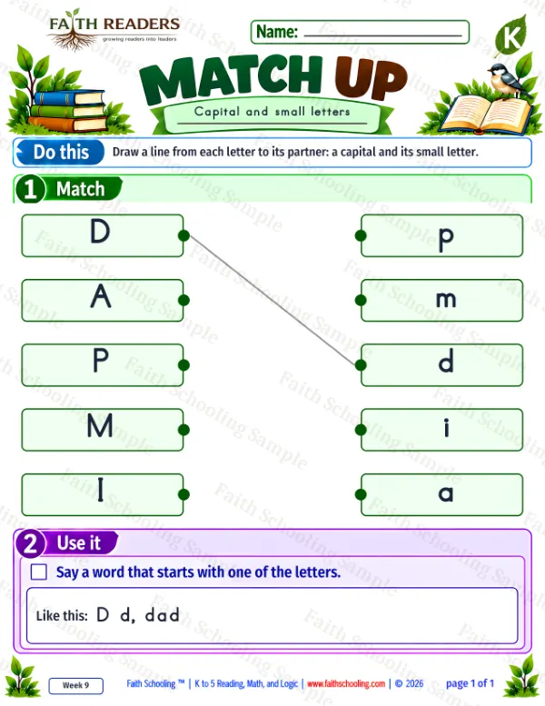Kindergarten phonics worksheet — Uppercase & Lowercase Matching. Match Up 4: D, A, P and M