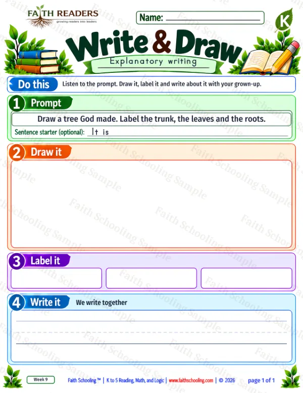 Kindergarten grammar & writing worksheet — Explanatory Writing. Write And Draw 5: trees (explain)