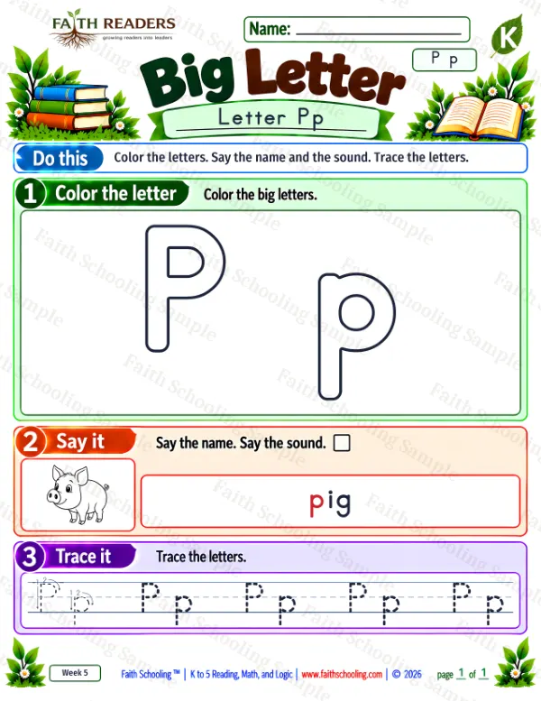 Kindergarten phonics worksheet — Letter Recognition. Big Letter 4: the letter p (pig)