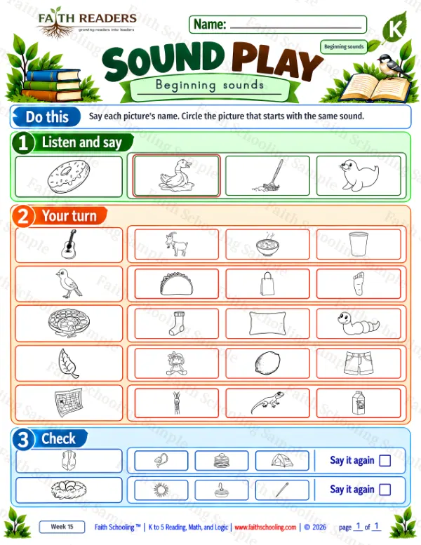 Kindergarten phonics worksheet — Beginning, Middle, and Ending Sounds. Sound Play 6: bag, bird, cup and doll