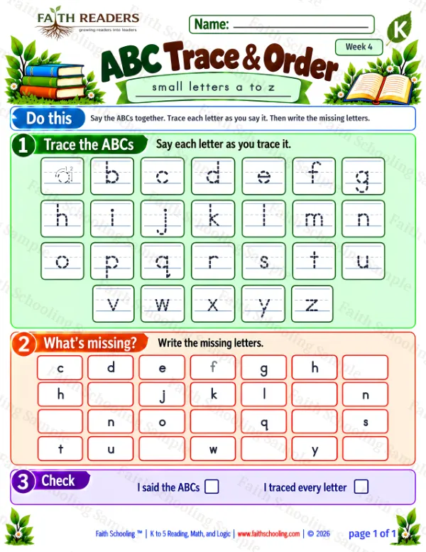 Kindergarten phonics worksheet — Alphabetical Order. ABC Trace And Order 4
