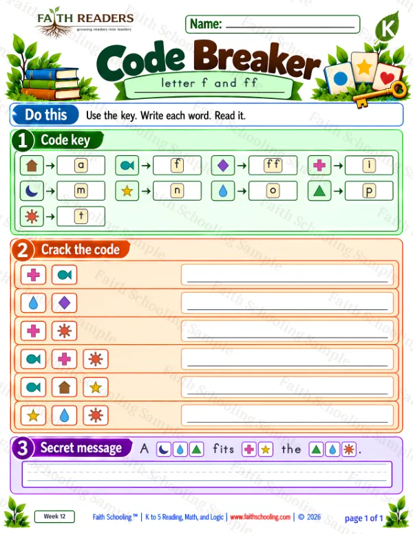 Kindergarten phonics worksheet — Double Consonants. Code Breaker 1: if, off, it and fit