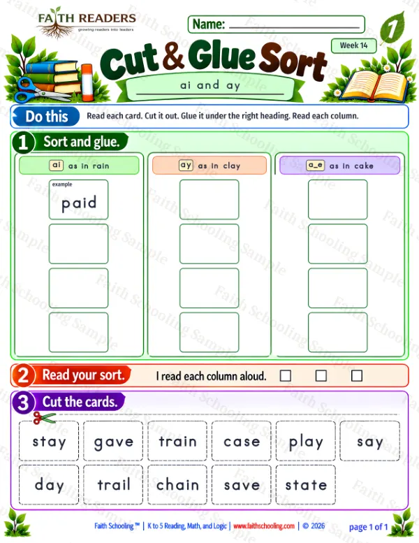 1st Grade phonics worksheet — Vowel Teams. Cut And Glue Sort 2: ai, ay and a_e