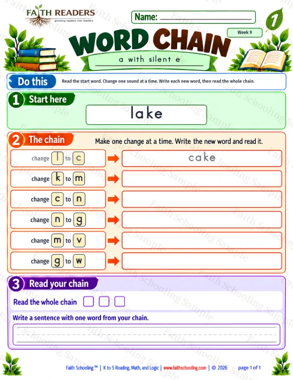 1st Grade phonics worksheet — Magic E. Word Chain 1: lake to wave