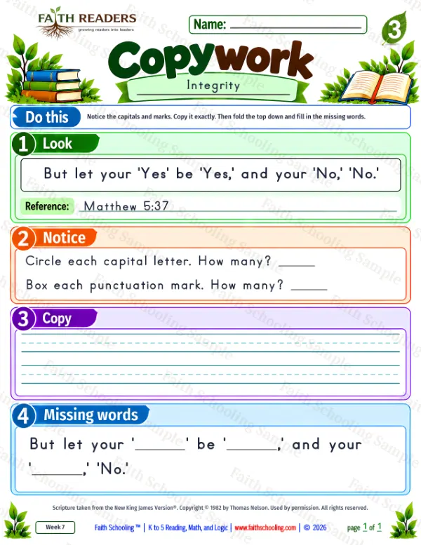 3rd Grade grammar & writing worksheet — Copywork 6: Matthew 5:37 (Integrity)