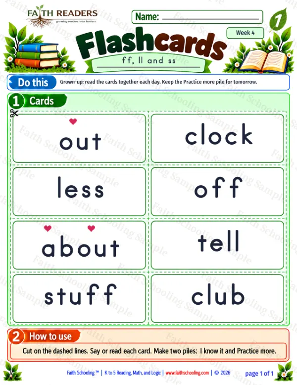 1st Grade phonics worksheet — Double Letters. Flashcards 2: off, tell, less and stuff