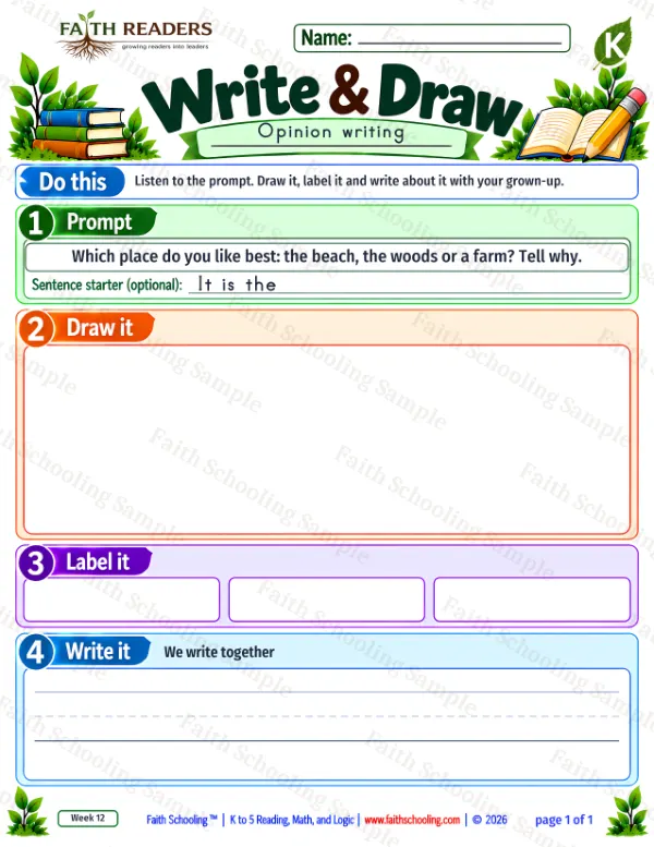 Kindergarten grammar & writing worksheet — Opinion Writing. Write And Draw 6: a favorite place (opinion)