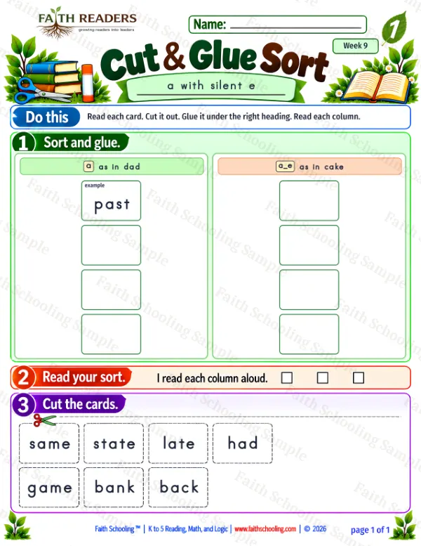 1st Grade phonics worksheet — Magic E. Cut And Glue Sort 2: a and a_e
