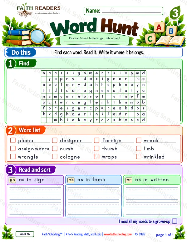 3rd Grade phonics worksheet — Word Hunt 3: The Silent G - gn